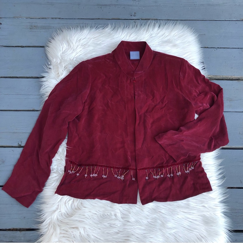 Vintage Rabbit Design Burgundy Beaded Fringe Mocked Neck Velvet Womens Jacket 12